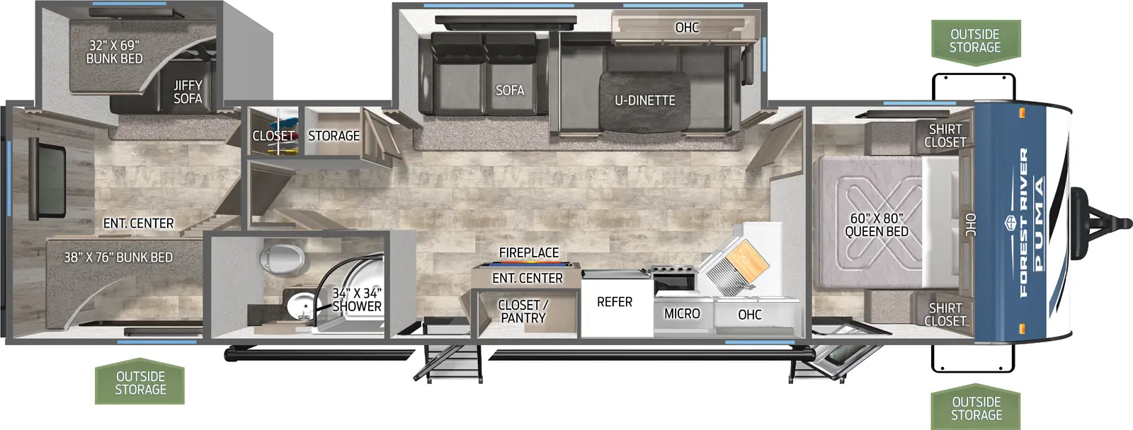 The Puma 31QBBH floorplan has two entries and two slide outs. Exterior features include: metal exterior and 21' awning. Interiors features include: bunk beds, u-dinette and front bedroom.